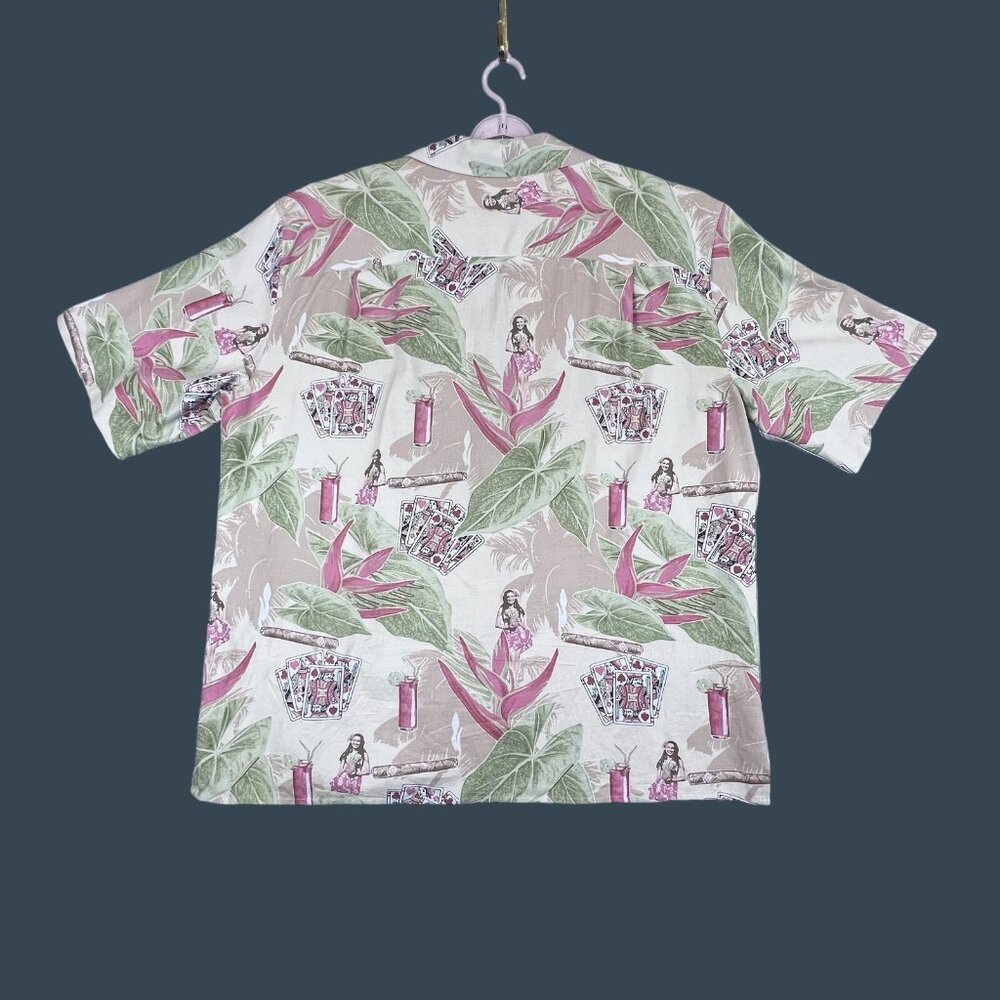 Pusser's West Indies Shirt Mens Large Hawaiian Silk Cotton Hula Cards Print - Picture 2 of 8